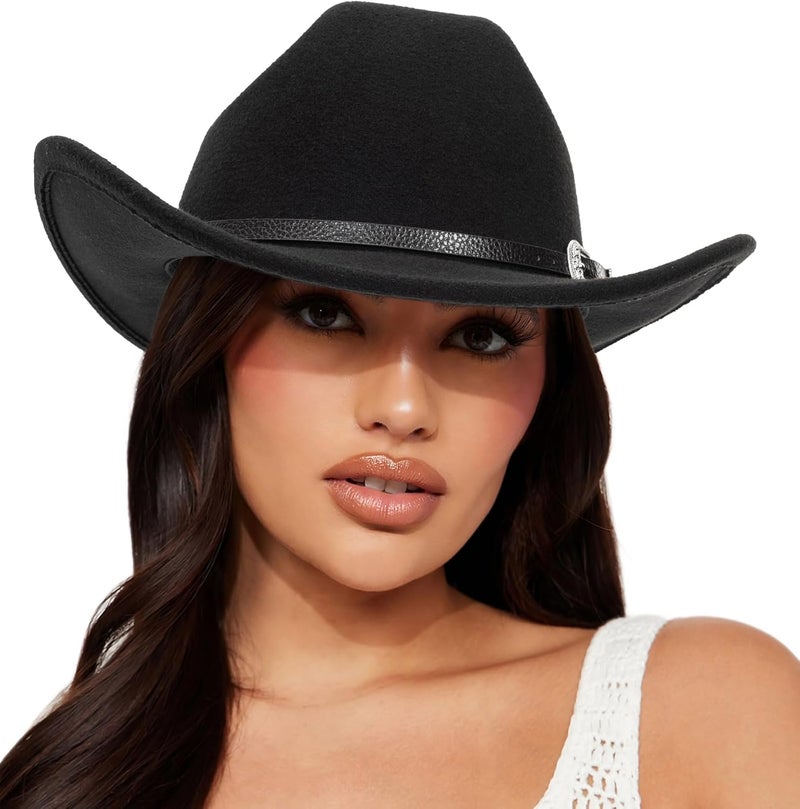 FGSS Womens Western-Cowboy-Hats Classic Felt-Hats - Rodeo Wide-Brim-Cowgirl Jazz-Hat with Buckle Belt(Lagre) - Image 1